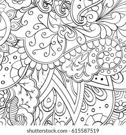 Tracery seamless pattern. Mehndi design. Ethnic monochrome binary doodle texture. Curved doodling black and white background. Vector