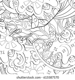Tracery seamless pattern. Mehndi design. Ethnic monochrome binary doodle texture. Curved doodling black and white background. Vector
