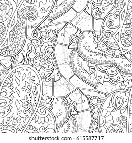Tracery seamless pattern. Mehndi design. Ethnic monochrome binary doodle texture. Curved doodling black and white background. Vector
