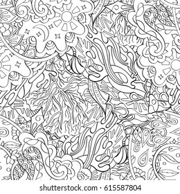 Tracery seamless pattern. Mehndi design. Ethnic monochrome binary doodle texture. Curved doodling black and white background. Vector