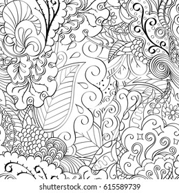 Tracery seamless pattern. Mehndi design. Ethnic monochrome binary doodle texture. Curved doodling black and white background. Vector
