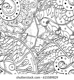 Tracery seamless pattern. Mehndi design. Ethnic monochrome binary doodle texture. Curved doodling black and white background. Vector