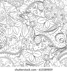Tracery seamless pattern. Mehndi design. Ethnic monochrome binary doodle texture. Curved doodling black and white background. Vector
