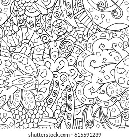 Tracery seamless pattern. Mehndi design. Ethnic monochrome binary doodle texture. Curved doodling black and white background. Vector
