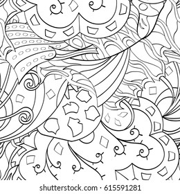 Tracery seamless pattern. Mehndi design. Ethnic monochrome binary doodle texture. Curved doodling black and white background. Vector
