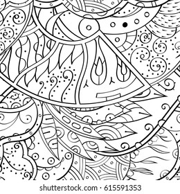 Tracery seamless pattern. Mehndi design. Ethnic monochrome binary doodle texture. Curved doodling black and white background. Vector