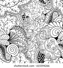 Tracery seamless pattern. Mehndi design. Ethnic monochrome binary doodle texture. Curved doodling black and white background. Vector