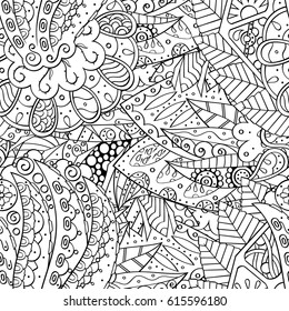 Tracery seamless pattern. Mehndi design. Ethnic monochrome binary doodle texture. Curved doodling black and white background. Vector
