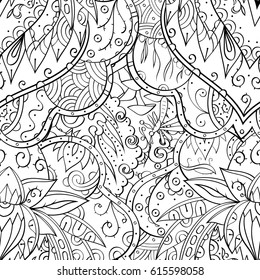 Tracery seamless pattern. Mehndi design. Ethnic monochrome binary doodle texture. Curved doodling black and white background. Vector