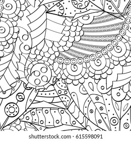Tracery seamless pattern. Mehndi design. Ethnic monochrome binary doodle texture. Curved doodling black and white background. Vector