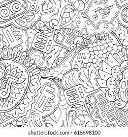 Tracery seamless pattern. Mehndi design. Ethnic monochrome binary doodle texture. Curved doodling black and white background. Vector