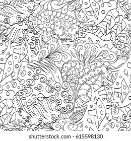 Tracery seamless pattern. Mehndi design. Ethnic monochrome binary doodle texture. Curved doodling black and white background. Vector
