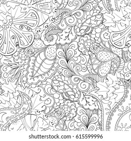 Tracery seamless pattern. Mehndi design. Ethnic monochrome binary doodle texture. Curved doodling black and white background. Vector