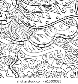 Tracery seamless pattern. Mehndi design. Ethnic monochrome binary doodle texture. Curved doodling black and white background. Vector