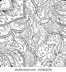 Tracery seamless pattern. Mehndi design. Ethnic monochrome binary doodle texture. Curved doodling black and white background. Vector