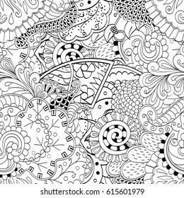 Tracery seamless pattern. Mehndi design. Ethnic monochrome binary doodle texture. Curved doodling black and white background. Vector