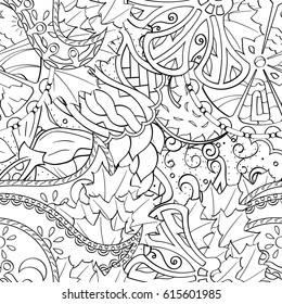 Tracery seamless pattern. Mehndi design. Ethnic monochrome binary doodle texture. Curved doodling black and white background. Vector