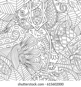 Tracery seamless pattern. Mehndi design. Ethnic monochrome binary doodle texture. Curved doodling black and white background. Vector