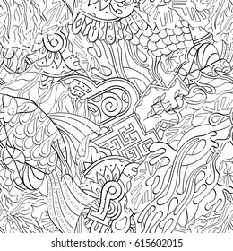 Tracery seamless pattern. Mehndi design. Ethnic monochrome binary doodle texture. Curved doodling black and white background. Vector