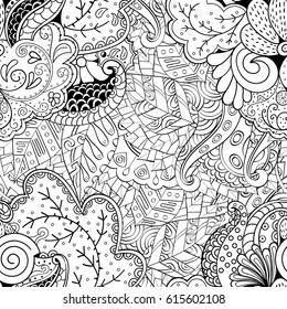 Tracery seamless pattern. Mehndi design. Ethnic monochrome binary doodle texture. Curved doodling black and white background. Vector
