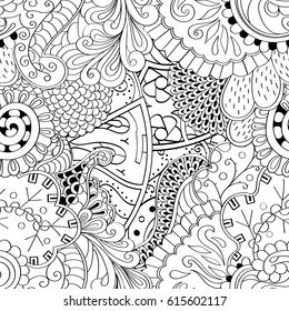 Tracery seamless pattern. Mehndi design. Ethnic monochrome binary doodle texture. Curved doodling black and white background. Vector