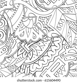 Tracery seamless pattern. Mehndi design. Ethnic monochrome binary doodle texture. Curved doodling black and white background. Vector