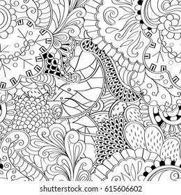 Tracery seamless pattern. Mehndi design. Ethnic monochrome binary doodle texture. Curved doodling black and white background. Vector