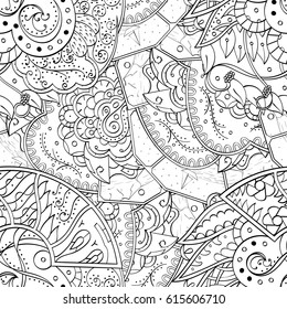 Tracery seamless pattern. Mehndi design. Ethnic monochrome binary doodle texture. Curved doodling black and white background. Vector