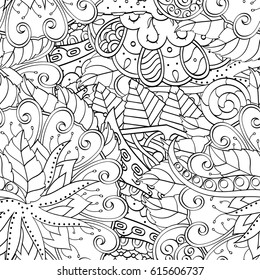 Tracery seamless pattern. Mehndi design. Ethnic monochrome binary doodle texture. Curved doodling black and white background. Vector