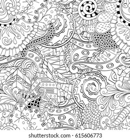 Tracery seamless pattern. Mehndi design. Ethnic monochrome binary doodle texture. Curved doodling black and white background. Vector