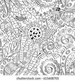 Tracery seamless pattern. Mehndi design. Ethnic monochrome binary doodle texture. Curved doodling black and white background. Vector