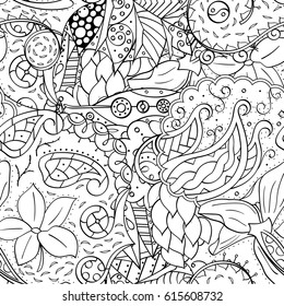 Tracery seamless pattern. Mehndi design. Ethnic monochrome binary doodle texture. Curved doodling black and white background. Vector
