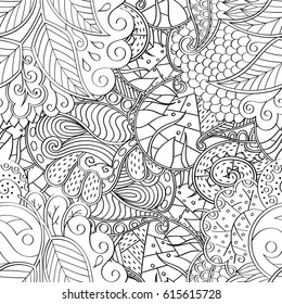 Tracery seamless pattern. Mehndi design. Ethnic monochrome binary doodle texture. Curved doodling black and white background. Vector