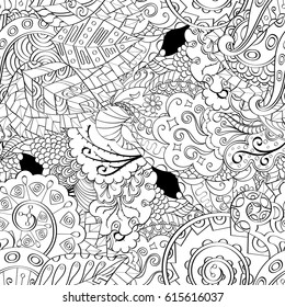 Tracery seamless pattern. Mehndi design. Ethnic monochrome binary doodle texture. Curved doodling black and white background. Vector