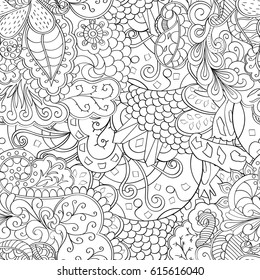 Tracery seamless pattern. Mehndi design. Ethnic monochrome binary doodle texture. Curved doodling black and white background. Vector