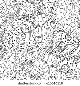 Tracery seamless pattern. Mehndi design. Ethnic monochrome binary doodle texture. Curved doodling black and white background. Vector