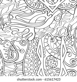 Tracery seamless pattern. Mehndi design. Ethnic monochrome binary doodle texture. Curved doodling black and white background. Vector
