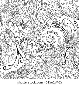 Tracery seamless pattern. Mehndi design. Ethnic monochrome binary doodle texture. Curved doodling black and white background. Vector