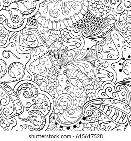 Tracery seamless pattern. Mehndi design. Ethnic monochrome binary doodle texture. Curved doodling black and white background. Vector