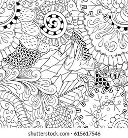 Tracery seamless pattern. Mehndi design. Ethnic monochrome binary doodle texture. Curved doodling black and white background. Vector