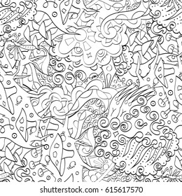 Tracery seamless pattern. Mehndi design. Ethnic monochrome binary doodle texture. Curved doodling black and white background. Vector