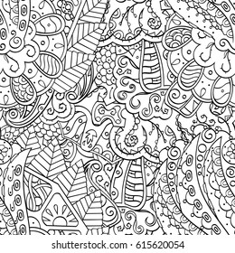 Tracery seamless pattern. Mehndi design. Ethnic monochrome binary doodle texture. Curved doodling black and white background. Vector