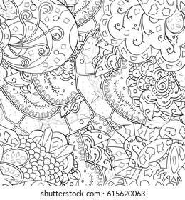 Tracery seamless pattern. Mehndi design. Ethnic monochrome binary doodle texture. Curved doodling black and white background. Vector