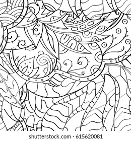 Tracery seamless pattern. Mehndi design. Ethnic monochrome binary doodle texture. Curved doodling black and white background. Vector