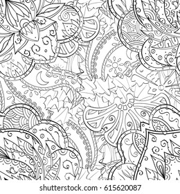 Tracery seamless pattern. Mehndi design. Ethnic monochrome binary doodle texture. Curved doodling black and white background. Vector
