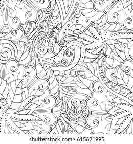 Tracery seamless pattern. Mehndi design. Ethnic monochrome binary doodle texture. Curved doodling black and white background. Vector
