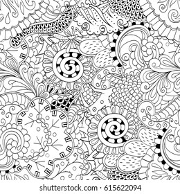 Tracery seamless pattern. Mehndi design. Ethnic monochrome binary doodle texture. Curved doodling black and white background. Vector