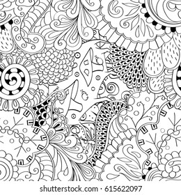 Tracery seamless pattern. Mehndi design. Ethnic monochrome binary doodle texture. Curved doodling black and white background. Vector