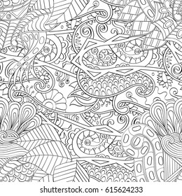 Tracery seamless pattern. Mehndi design. Ethnic monochrome binary doodle texture. Curved doodling black and white background. Vector