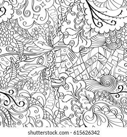 Tracery seamless pattern. Mehndi design. Ethnic monochrome binary doodle texture. Curved doodling black and white background. Vector